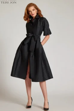 Taffeta Sequin Embellished Puff Sleeve Dress