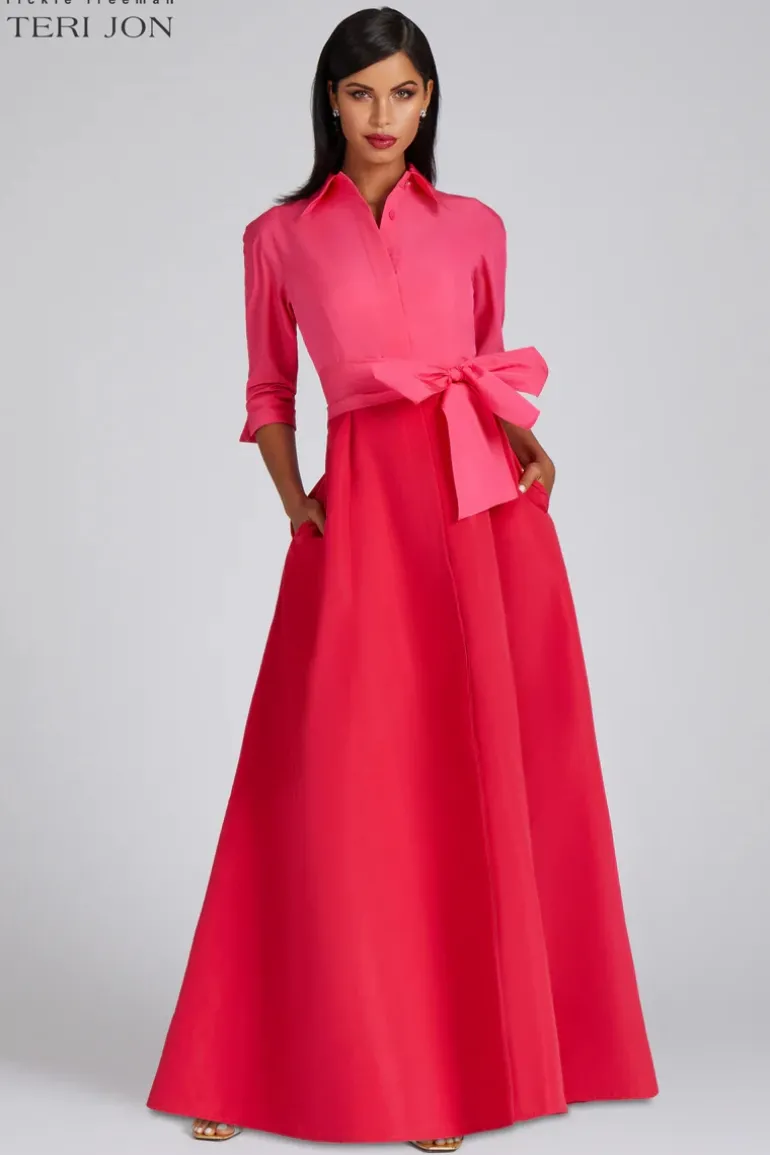 Taffeta Shirt Waist Gown In Fuchsia