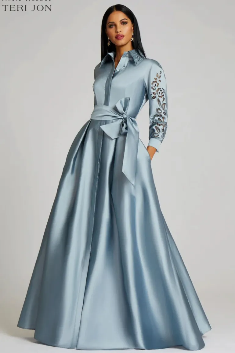 Taffeta Shirtdress Gown With Eyelet Sleeve and Collar