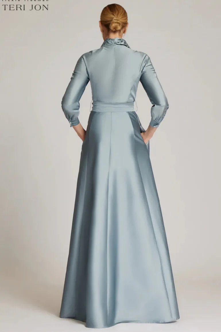 Taffeta Shirtdress Gown With Eyelet Sleeve and Collar