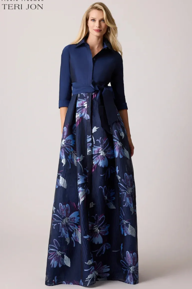 Taffeta Textured Floral Organza Gown