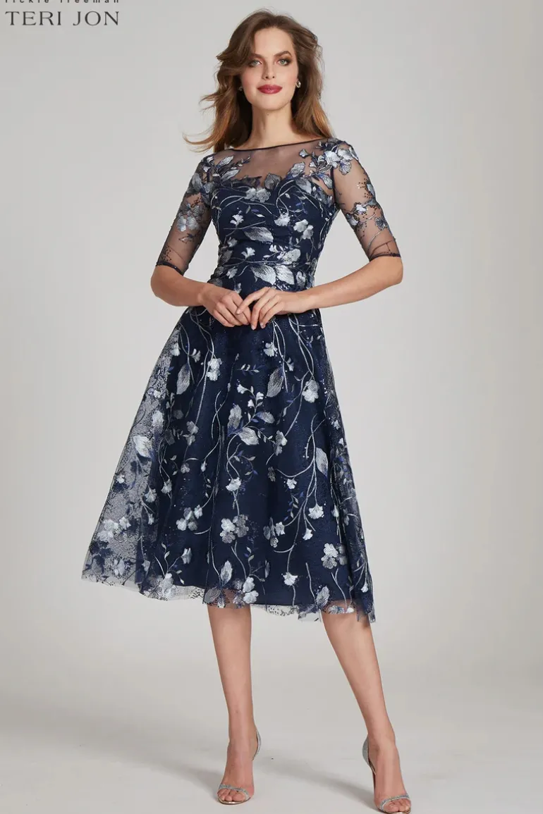 Tea Length Embroidered Tulle Cocktail Dress