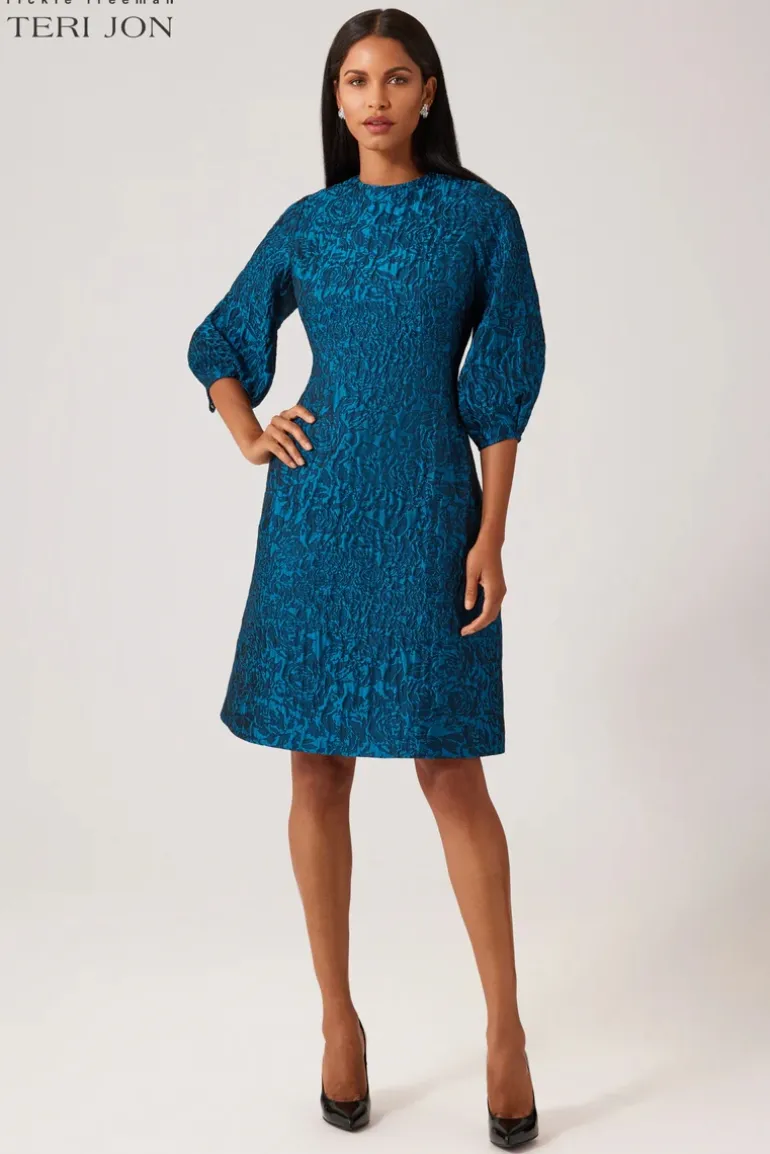 Textured Floral Jacquard Balloon Sleeve Dress