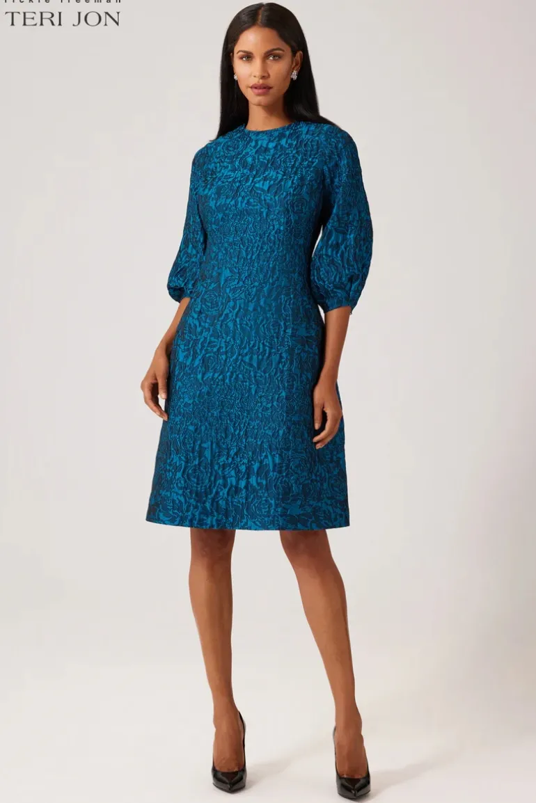 Textured Floral Jacquard Balloon Sleeve Dress