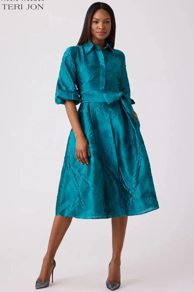 Textured Jacquard Balloon Sleeve Shirt Dress