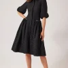 Tonal Jacquard Pearl Trim Puff Sleeve Shirt Dress