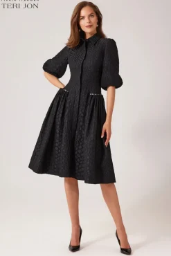 Tonal Jacquard Pearl Trim Puff Sleeve Shirt Dress