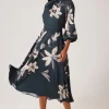 Twill Floral Print Tie Neck Dress