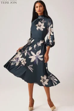 Twill Floral Print Tie Neck Dress