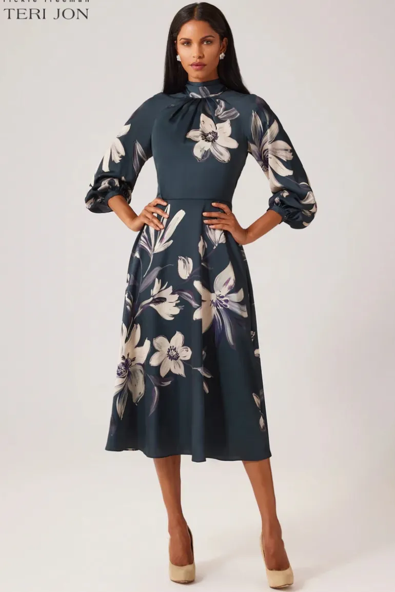 Twill Floral Print Tie Neck Dress