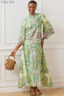 Twill Mock Neck Paisley Print Dress