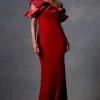Velvet Trapunto Ruffle Asymmetrical Gown