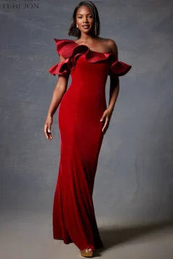 Velvet Trapunto Ruffle Asymmetrical Gown